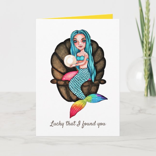 Tarjeta Sirena Arcoiris Con Perla En Acuarela (Anverso)