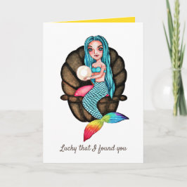 Tarjeta Sirena Arcoiris Con Perla En Acuarela