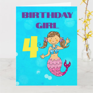 Tarjeta Sirena Cumpleaños Niña Pelo Marrón Personalizado 4