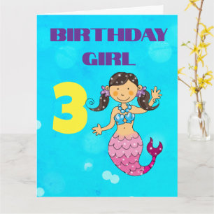 Tarjeta Sirena de Cumpleaños 3 con Cabello Oscuro Personal