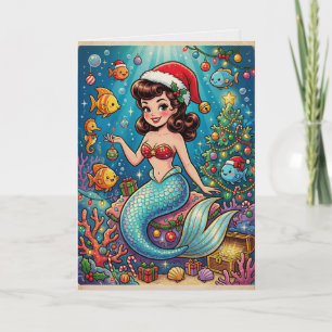 Tarjeta Sirena de Dibujos Animados Navidad Vintage