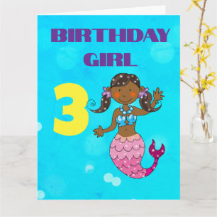 Tarjeta Sirena de piel oscura personalizada cumpleaños 3 n