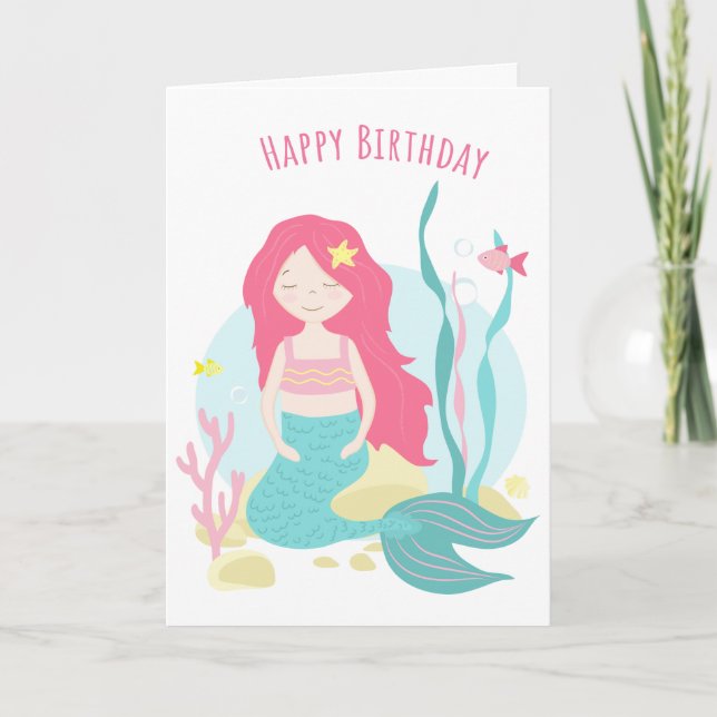 Tarjeta    Sirena Linda Cumpleaños Rosa y Menta para Niña  (Anverso)