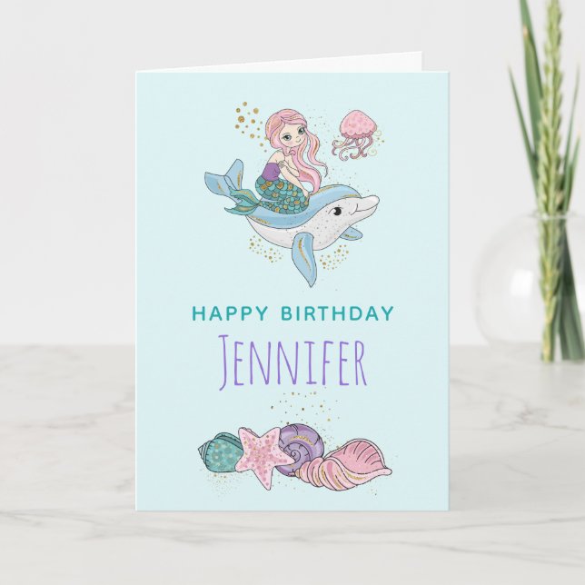 Tarjeta Sirena montando un delfín bajo el mar Cumpleaños (Anverso)