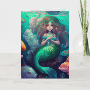 Tarjeta Sirena, océano, pescado, carta de artes gráficas