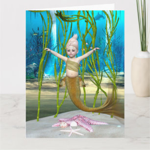 Tarjeta Sirena Pequeña Fantasía Niña, Océano Azul
