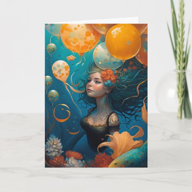 Tarjeta Sirena Pintura Globos de Cumpleaños (Anverso)