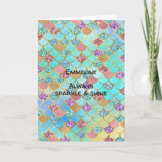 Tarjeta Sirena Purpurina Aqua Blue Pink Purple Gold (Anverso)