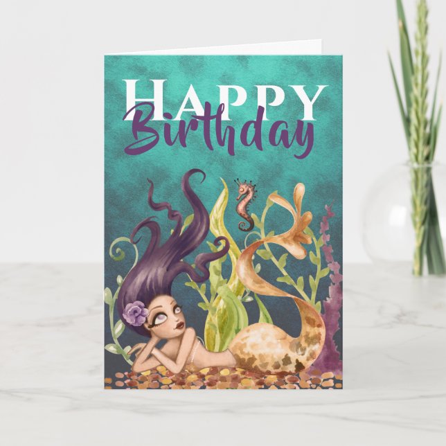 Tarjeta Sirena y caballito de mar bajo el cumpleaños de la (Anverso)