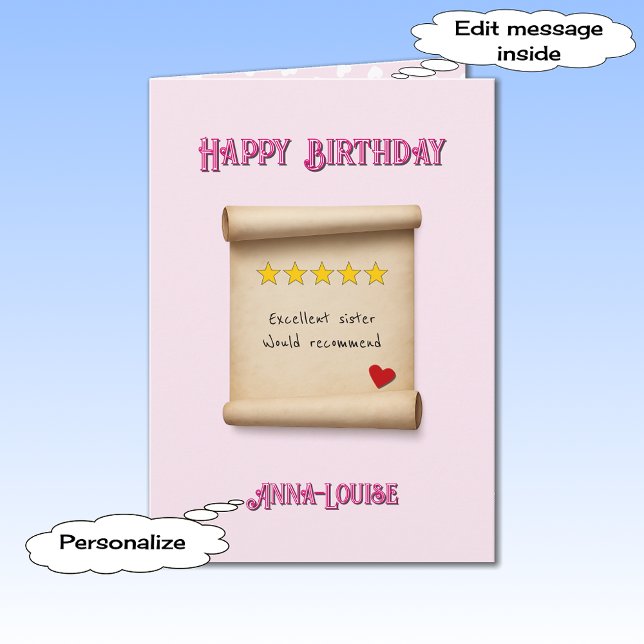 Tarjeta Sister 5 star review pink birthday (Subido por el creador)