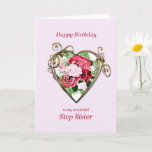 Tarjeta Sister Birthday Antique Pintado Rosas<br><div class="desc">Una carta romántica de cumpleaños. Un cuadro de rosas está enmarcado por un corazón dorado adornado. Dale a tu hermanastra un saludo de cumpleaños con un hermoso cuadro de un ramo de rosas.</div>