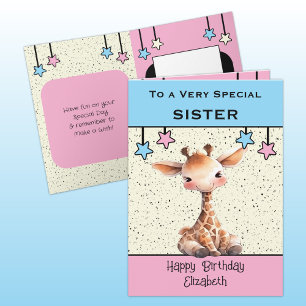Tarjeta Sister especial niños jirafa cumpleaños azul