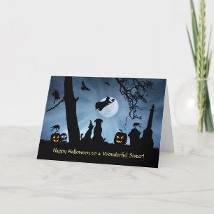 Tarjeta Sister Halloween Cute Dog and Cat With Witch