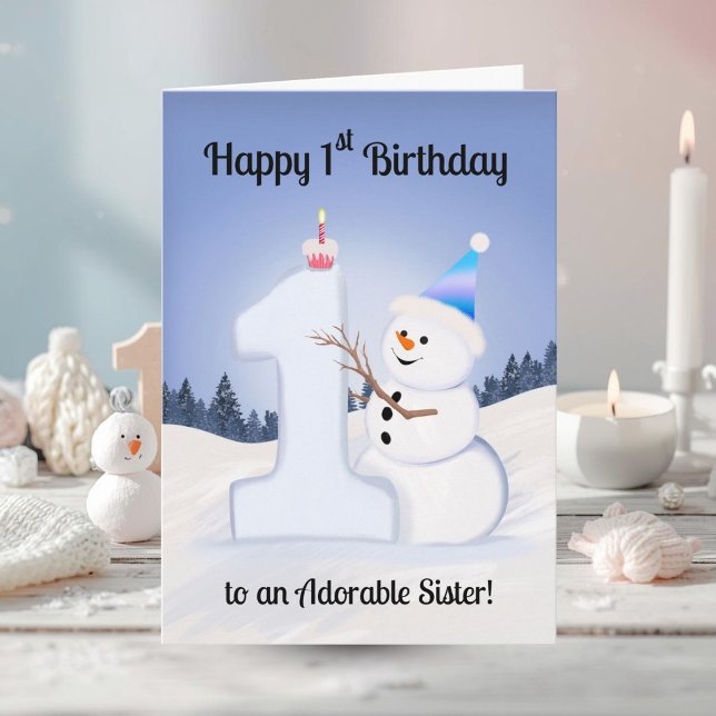 Tarjeta Sister Happy 1st Birthday Snowman Building (Subido por el creador)