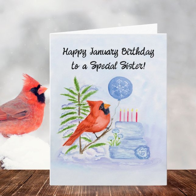 Tarjeta Sister Happy January Birthday Cardinal with Cake (Subido por el creador)
