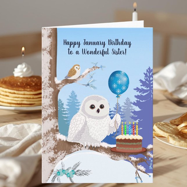 Tarjeta Sister Happy January Birthday Snowy Owl (Subido por el creador)