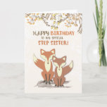 Tarjeta Sister Sister Fantasmas de cumpleaños, hojas en ra<br><div class="desc">Deséenle a tu hermanastra feliz cumpleaños con estos zorros dulces y de moda. Enfrentados a las hojas y ramas son prominentes y reflejan la alegría de una hermana.</div>