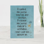 Tarjeta Sister's Birthday with glitter daisy<br><div class="desc">Humorous birthday for sister on textured aqua background and glitter daisy</div>