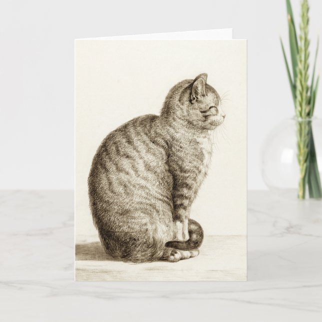 Tarjeta Sitting cat vintage sepia pencil drawing (Anverso)