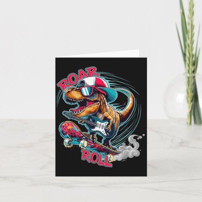 Tarjeta Skater Guitar T-rex Roar Roll Dinosaur For Boys Me (Anverso)