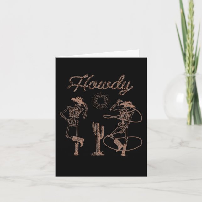 Tarjeta Skeleton Cowboy Occidental Dancing Howdy Halloween (Anverso)