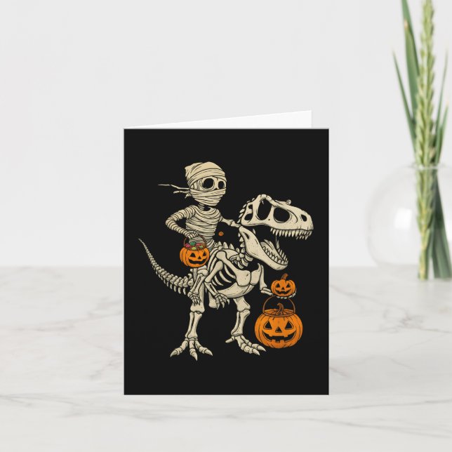 Tarjeta Skeleton de la momia montando Dinosaurio T Niños R (Anverso)