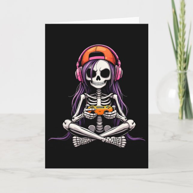 Tarjeta Skeleton Girl Gamer Funny Halloween Costume Spooky (Anverso)