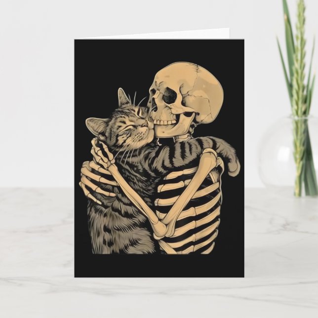 Tarjeta  Skeleton Hugging Cat – Cute Gothic Cat Lover Gift (Anverso)