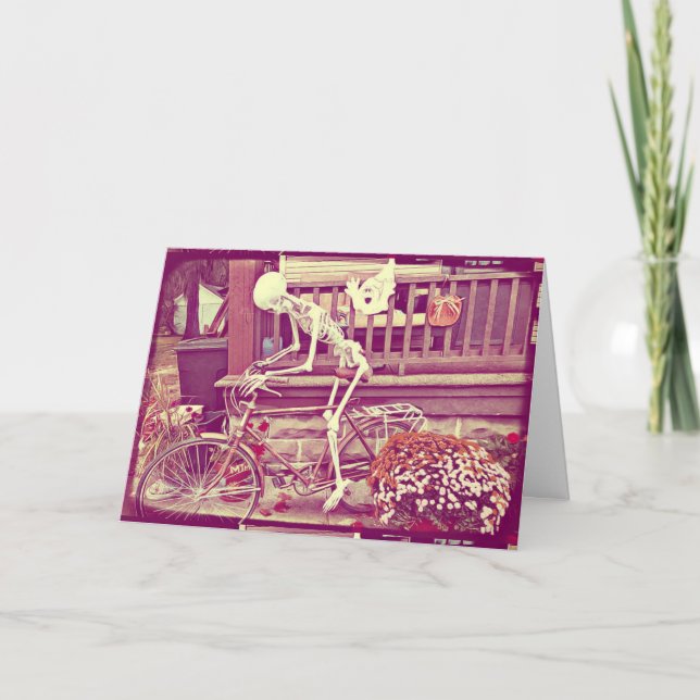 Tarjeta Skeleton Riding Bike Happy Halloween Spooky (Anverso)