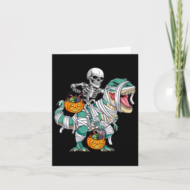 Tarjeta Skeleton Riding Dinosaur T Rex Fun Niños Hallo (Anverso)
