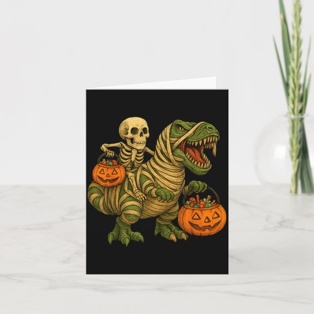 Tarjeta Skeleton Riding Mummy Dinosaur T Rex Halloween Fun (Anverso)