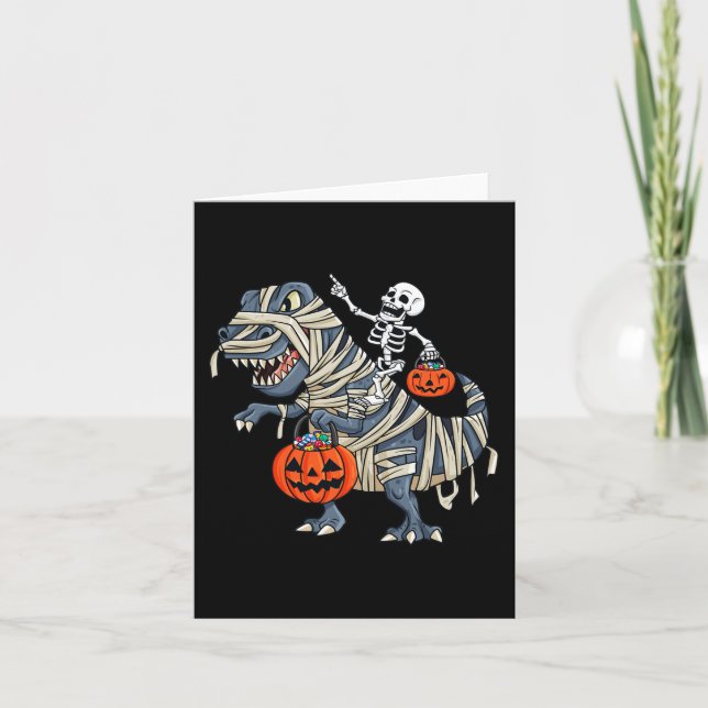 Tarjeta Skeleton Riding Mummy T Rex Halloween Chicas K (Anverso)