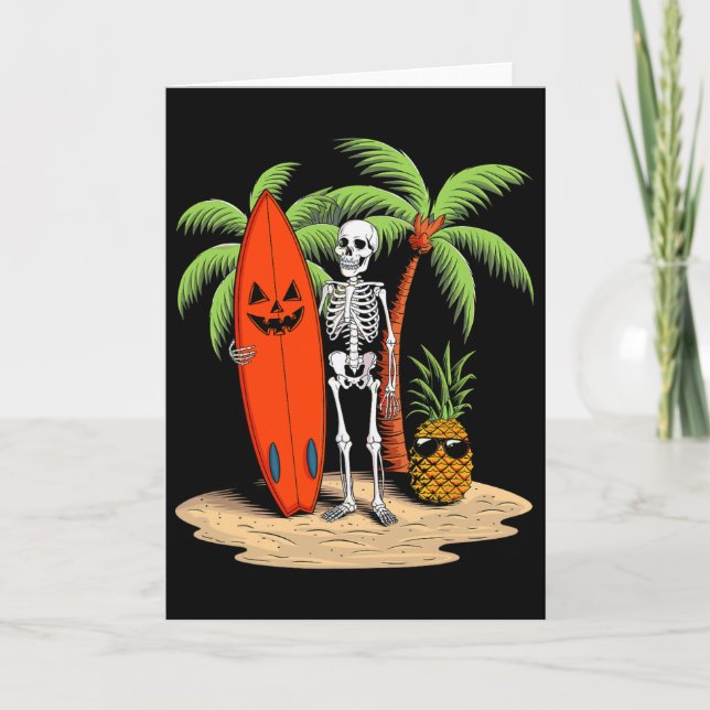Tarjeta Skeleton Surfing Halloween Beach Vibe Fun  (Anverso)