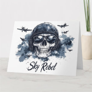 Tarjeta Skull Sky Rebel con casco piloto y gafas de sol