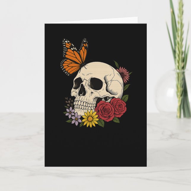 Tarjeta Skulls Monarch Butterfly Flowers Halloween Men Wom (Anverso)