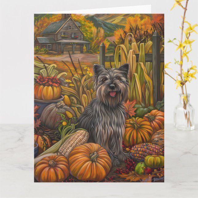 Tarjeta Skye Terrier Dog Otumn Harvest Acción de Gracias (flor amarilla)