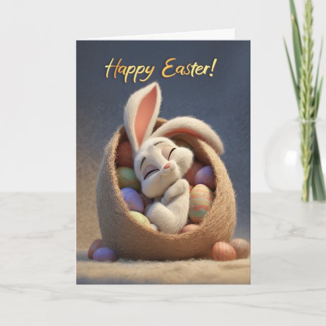 Tarjeta Sleepy Bunny in Easter Egg Basket Happy Easter (Anverso)