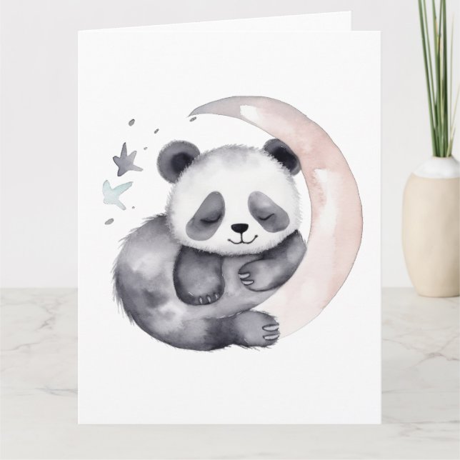 Tarjeta Sleepy Watercolor Moon Baby Panda Bear (Anverso)