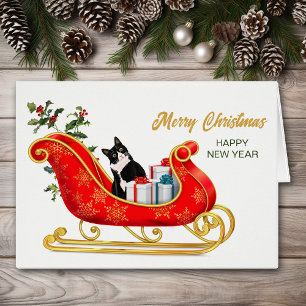 Tarjeta Sleigh de Meowy Navidades del gato blanco 