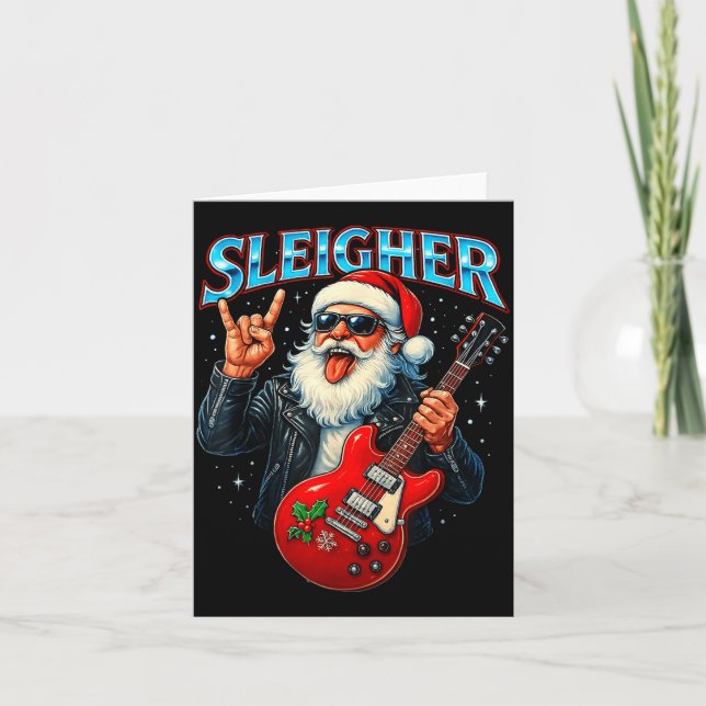 Tarjeta Sleigher Rock Santa Funny Metal Christmas Design  (Anverso)