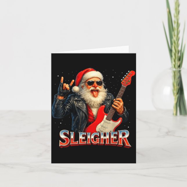 Tarjeta Sleigher Rock Santa Funny Metal Christmas Design  (Anverso)