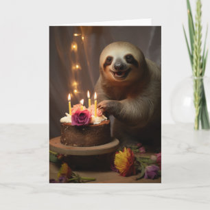 Tarjeta Sloth con un pastel de cumpleaños