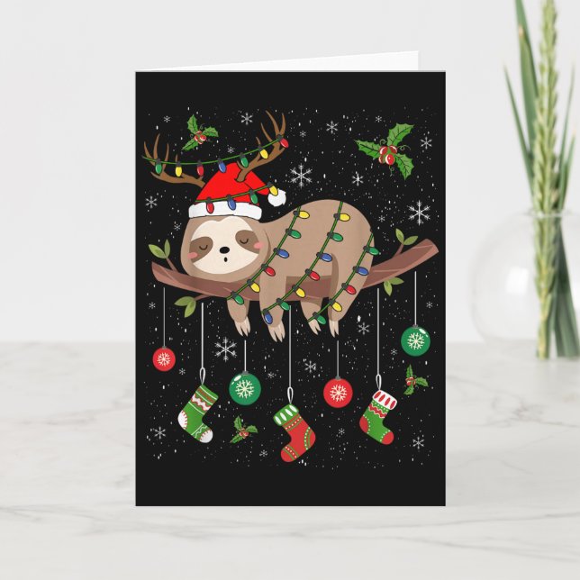 Tarjeta Sloths Xmas Lighting Reindeer Santa Hat Sloth Chri (Anverso)