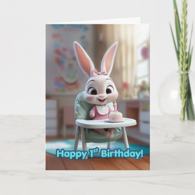 Tarjeta Smiling Baby Bunny in High Chair w/ 1st Bday Cake (Anverso)