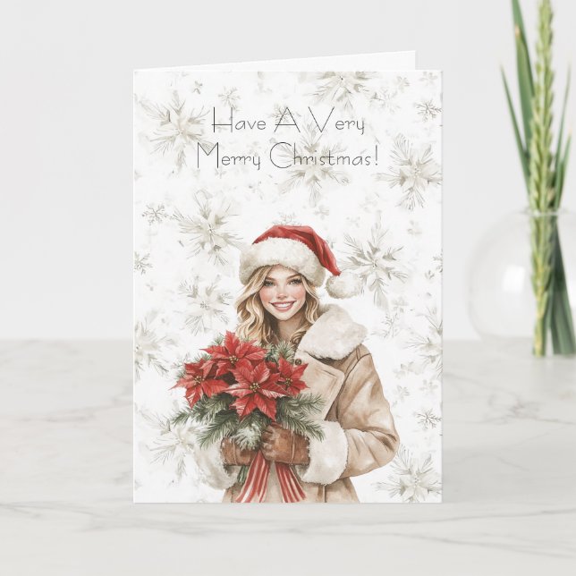 Tarjeta Snowflakes Christmas Blond Woman Poinsettia Floral (Anverso)
