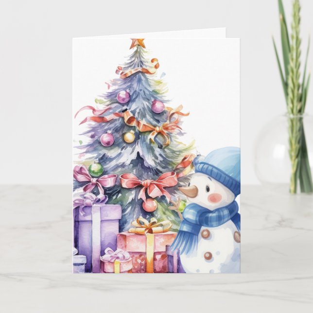 Tarjeta Snowman acuarela con escarf azul y árbol de navida (Anverso)