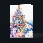 Tarjeta Snowman acuarela con escarf azul y árbol de navida<br><div class="desc">Snowman acuarela con escarf azul y árbol de navidad</div>