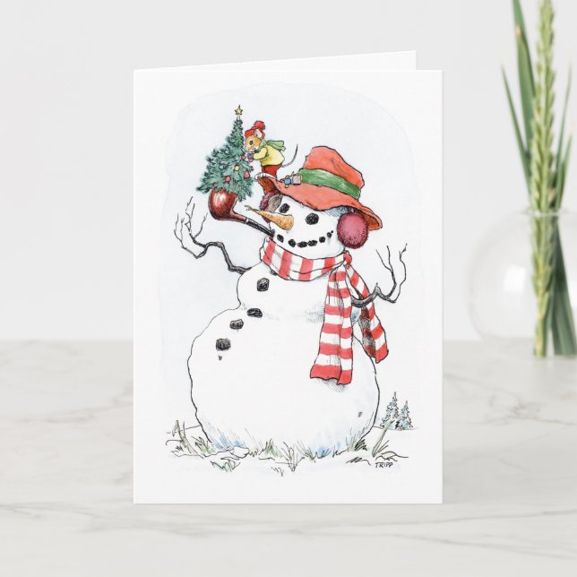 Tarjeta Snowman, árbol de Navidad (Anverso)