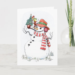 Tarjeta Snowman, árbol de Navidad