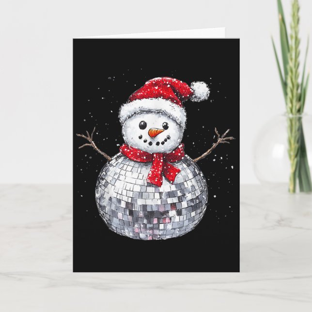 Tarjeta Snowman Christmas Retro Santa Hat Disco Ball Match (Anverso)